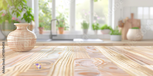 Empty wood table top counter and blur bokeh modern kitchen interior background in clean and bright,Banner, Ready for product montage, 