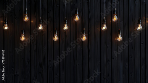 Abstract background with hanging light bulbs on dark wood wall