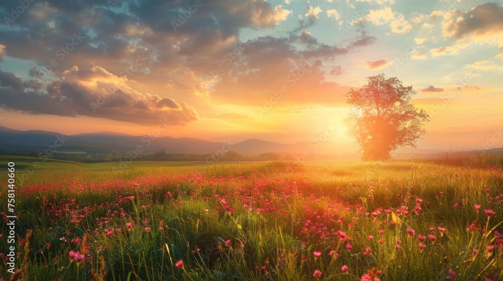 Vibrant sunrise over blossoming meadow in serene rural landscape Vibrant sunrise over blossoming meadow in serene rural landscape