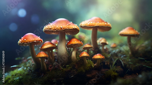 Fantasy enchanted fairy tale forest with magical Mushrooms .Generative AI photo