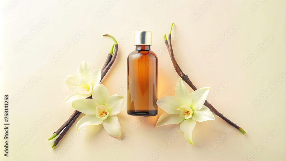 Vanilla Essential Oil in Glass Bottle with Vanilla Pods and Orchid Flower
Vanilla Essential Oil in Glass Bottle with Vanilla Pods and Orchid Flower