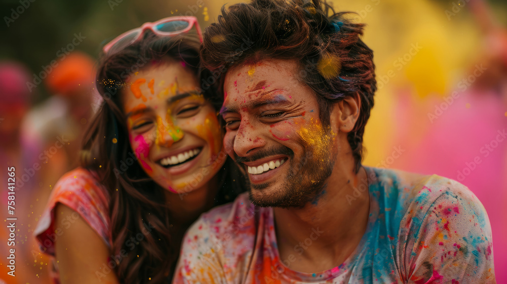 Two people celebrating Holi festival.