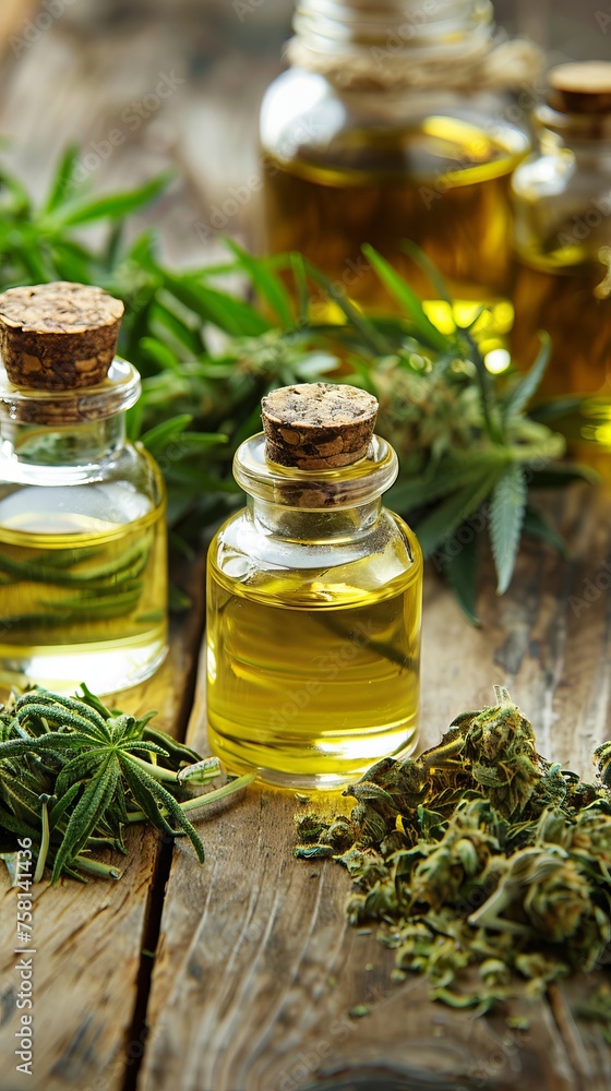 Cosmetic essence from the Cannabis plant, bottles with essence next to Cannabis leaves Cosmetic essence from the Cannabis plant, bottles with essence next to Cannabis leaves