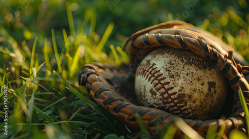 Baseball and glove on grass.