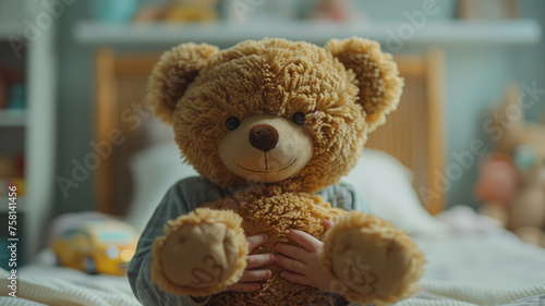 Photo of a teddy bear held by someone.