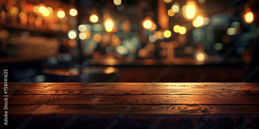 empty wood table top with blurred bar in background, with bokeh lights.for product display montage. Concept for advertising design, layout presentation.banner. empty wooden table on bokeh light 
