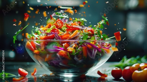 Burst of colorful salad ingredients falling into a glass bowl showcasing a blend of taste and nutrition