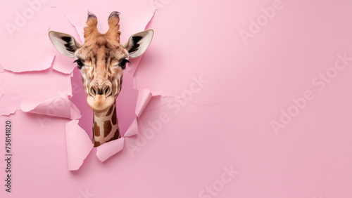 A curious giraffe peeks through a torn pink paper, creating a striking and humorous composition with room for text