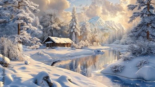 Winter wonderland: majestic snowy landscape panorama with tranquil beauty © Ashi
