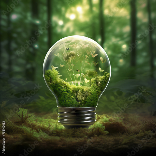 Green energy concept. Small green island with trees under the glass of an incandescent lamp.