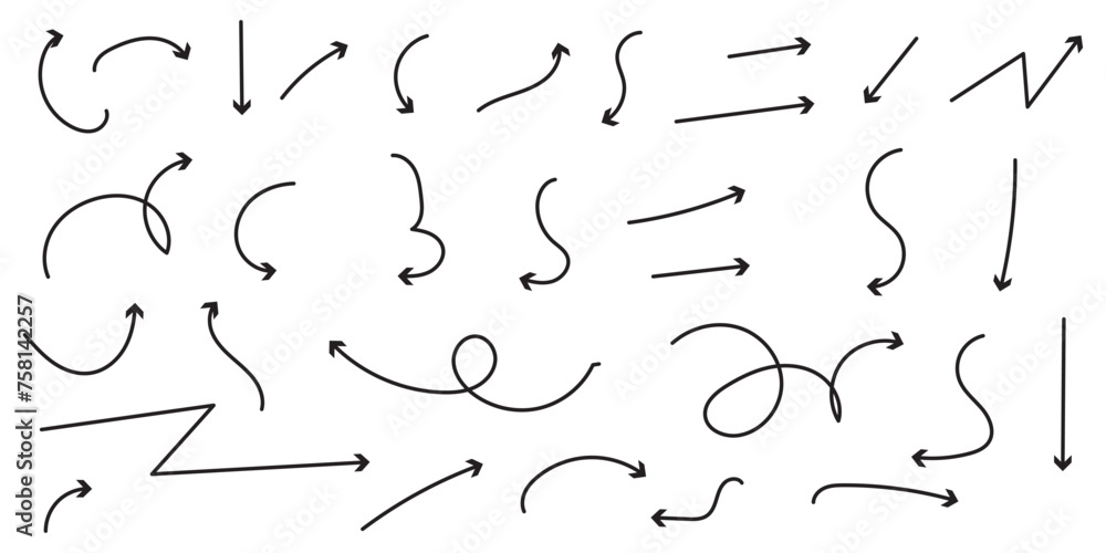 Hand drawn ink pen arrows vector set. various Freehand scribble curved lines, swirl arrows and direction pointers collection Hand drawn ink pen arrows vector set. various Freehand scribble curved lines, swirl arrows and direction pointers collection