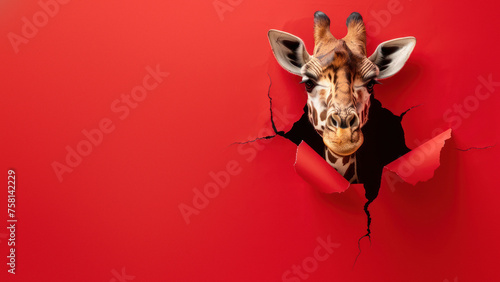 A giraffe appears to burst through a red paper background, offering a strong visual with a sense of fun