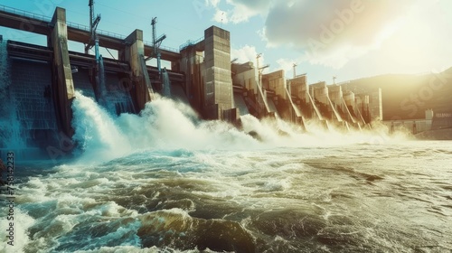 a majestic hydroelectric dam towering against the backdrop of cascading water, highlighting its capacity to harness the energy of fast-flowing streams for clean power generation. photo