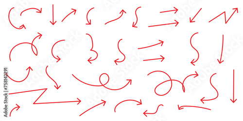 Hand drawn ink pen arrows vector set. various Freehand scribble curved lines, swirl arrows and direction pointers collection