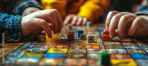 Close up of children s hands engaged in a lively board game with ample copy space for text placement