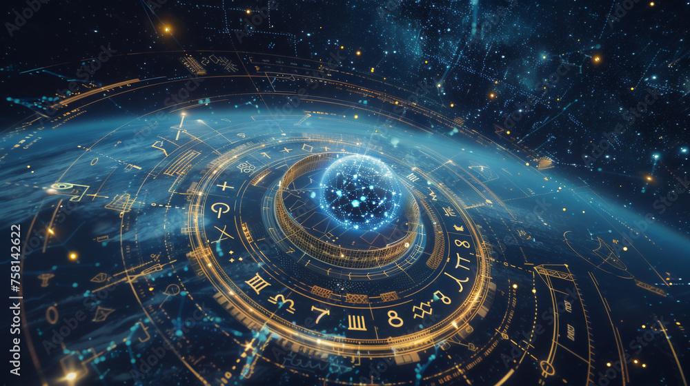 The fusion of astrology and time featuring the 12 zodiac signs arrayed around a high-tech clock