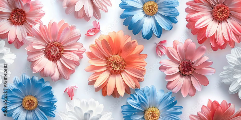 Vibrant Daisy Pattern on White Surface with Blue, Pink, and Red Flowers for Background or Design Concept