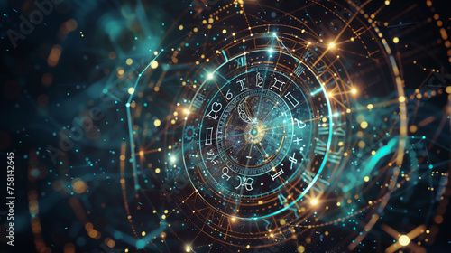 The fusion of astrology and time featuring the 12 zodiac signs arrayed around a high-tech clock