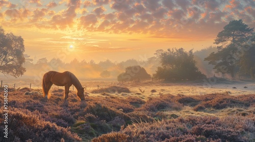 Heather and grazing pony under sunrise at rockford common, new forest, uk photo
