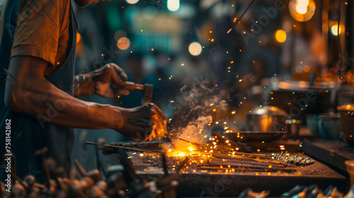 A skilled artisan hammering hot metal among sparks in a dimly lit workshop The image captures the essence of craftsmanship and manual labor photo