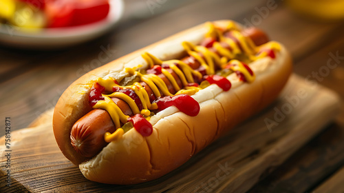 Tasty hot dog with ketchup on wooden table, closeup photo