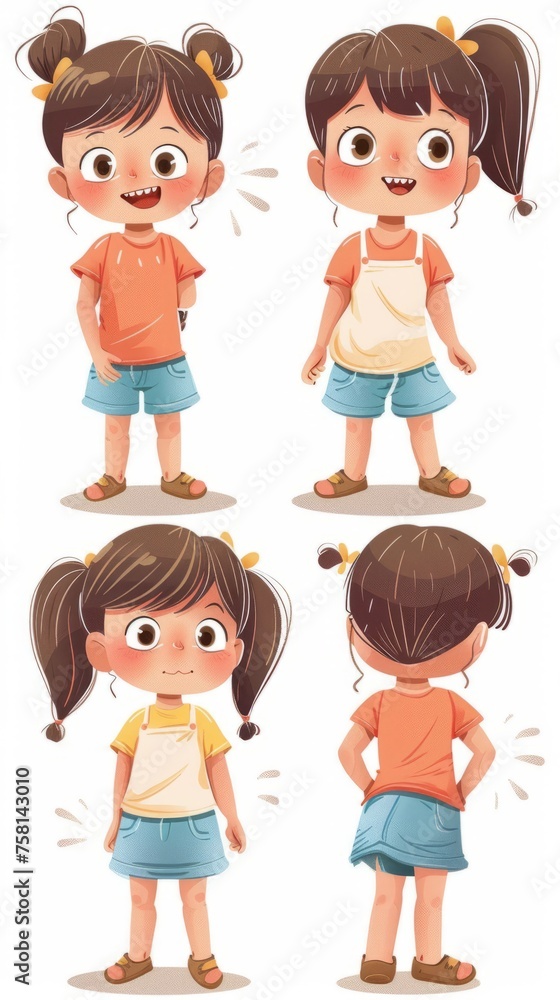 Character illustration of a young girl in different poses on a white background Character illustration of a young girl in different poses on a white background