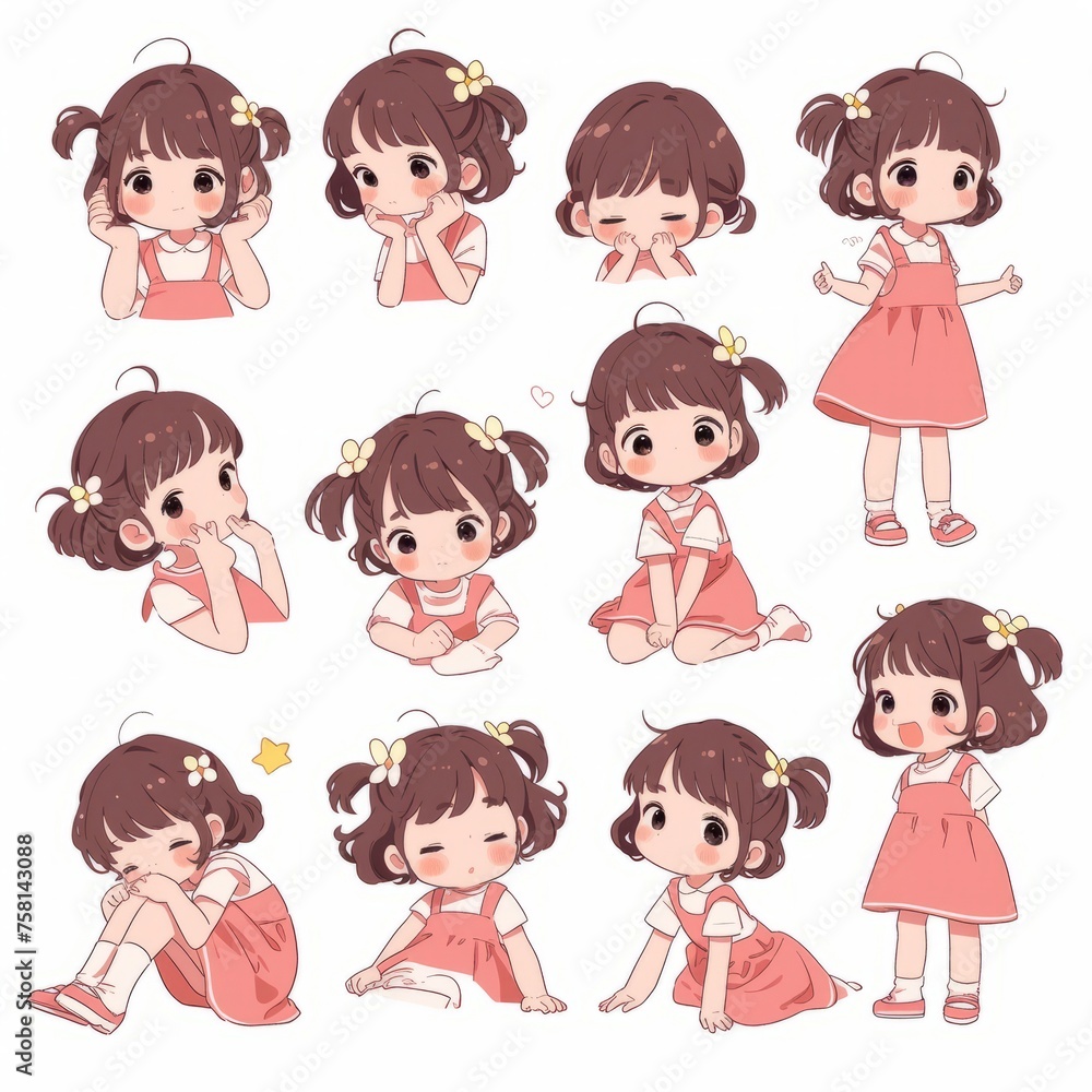 Character illustration of a young girl in different poses on a white background Character illustration of a young girl in different poses on a white background