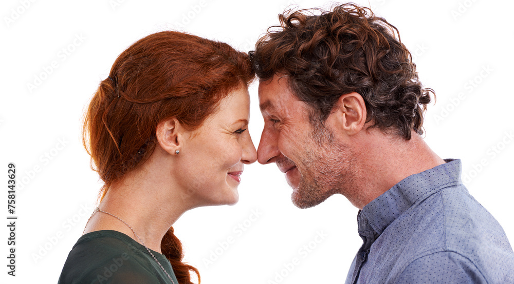Couple, nose touch and love in studio, romance and smile for relationship on white background. Happy people, commitment and trust in security of marriage, bonding and affection for anniversary Couple, nose touch and love in studio, romance and smile for relationship on white background. Happy people, commitment and trust in security of marriage, bonding and affection for anniversary