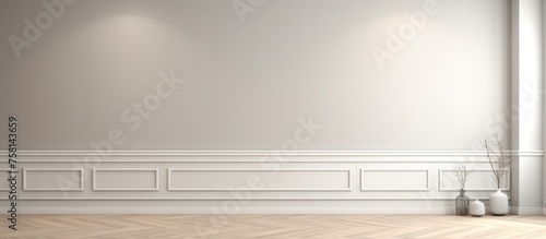 Empty living room decor wall concept, featuring gray parquet and interior design.