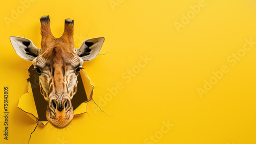A whimsical image of a giraffe's head appearing through a torn yellow paper background, emphasizing curiosity and surprise
