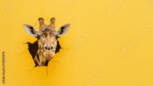 A giraffe's head cleverly breaks through a paper wall, depicting humor and the element of surprise in a creative display