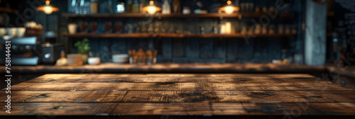  empty wood table top with blurred   shelves full of bottles in the bar background,  for product display montage. Concept for advertising design, layout presentation.banner © Planetz