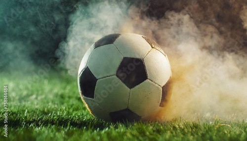 Soccer ball with dust and smoke on green grass. Football field. Blurred dark background