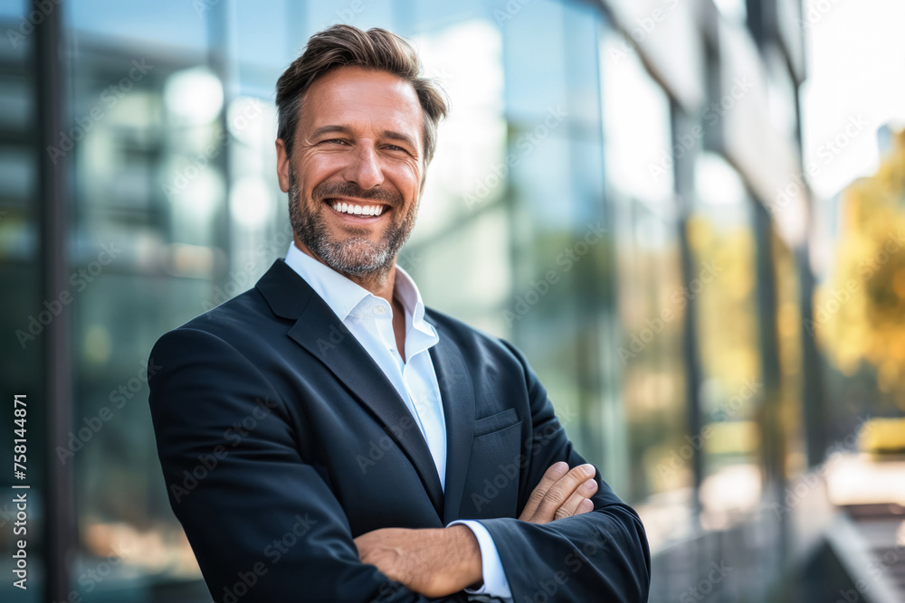 A middle-aged man in an elegant business suit smiles confidently, standing against the background of a modern office building with mirrored windows A middle-aged man in an elegant business suit smiles confidently, standing against the background of a modern office building with mirrored windows