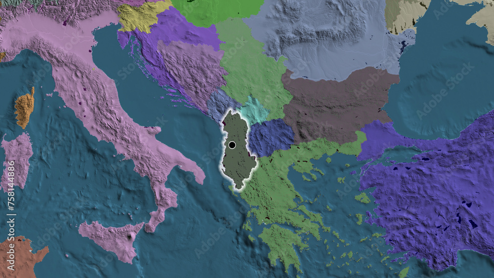 Shape of Albania. Glowed. Administrative.