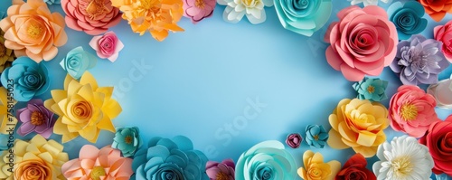 Colorful origami flowers on blue background with space for text. Mother's Day, Woman's Day, Easter, Valentine's Day, Wedding, and Birthday celebration concept. Flat lay, top view, copy space.