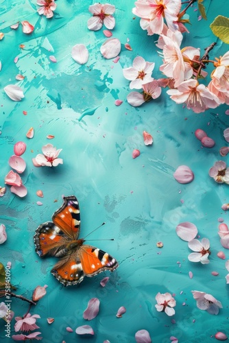 Flowers and butterflies on blue background. Spring concept. Flat lay, top view.