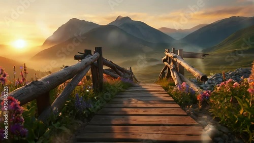 A rustic wooden bridge with flowers and butterflies stretches over a misty valley, leading to the sunset. Seamless looping 4k video animation. photo