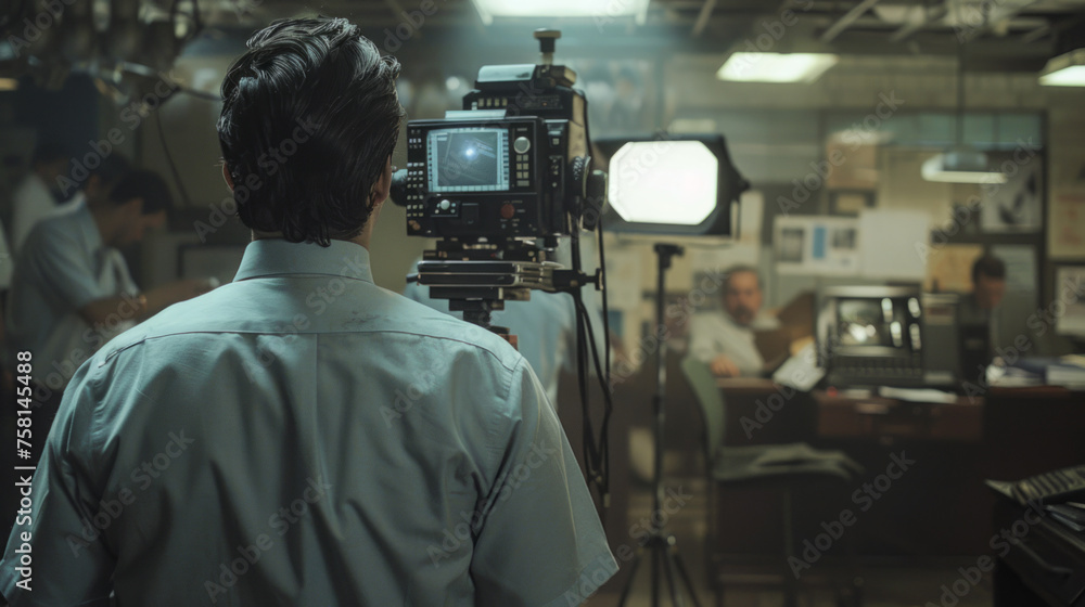 A creative filmmaker seen from behind the camera, actively engaged in filming in a lively office setting, conveying a behind-the-scenes look A creative filmmaker seen from behind the camera, actively engaged in filming in a lively office setting, conveying a behind-the-scenes look