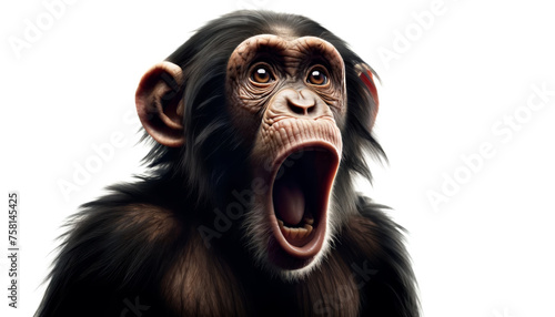 A monkey with a astonished, Wow expression, mouth wide open, and intense gaze. Chimpanzee with a scared expression and open mouth © angellodeco