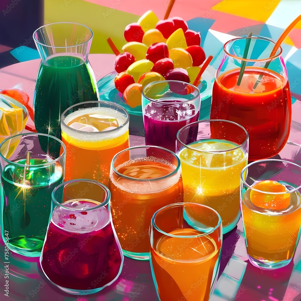 Glasses with different juices and fresh fruits on table ai generated Glasses with different juices and fresh fruits on table ai generated