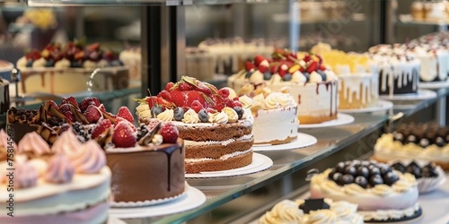 Showcase of a pastry shop with different cakes 