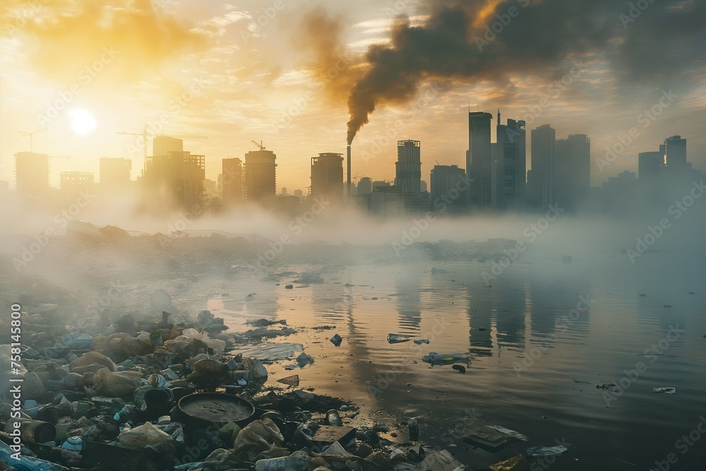 Factories with clouds of smoke polluting the environment and the Earth's atmosphere against the background of garbage and polluted nature