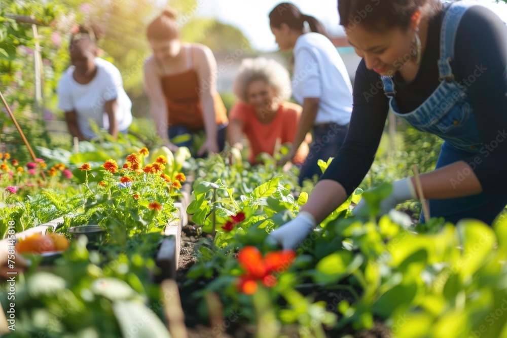 A group of women are working in a garden, tending to the plants A group of women are working in a garden, tending to the plants