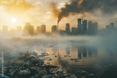 Factories with clouds of smoke polluting the environment and the Earth's atmosphere against the background of garbage and polluted nature