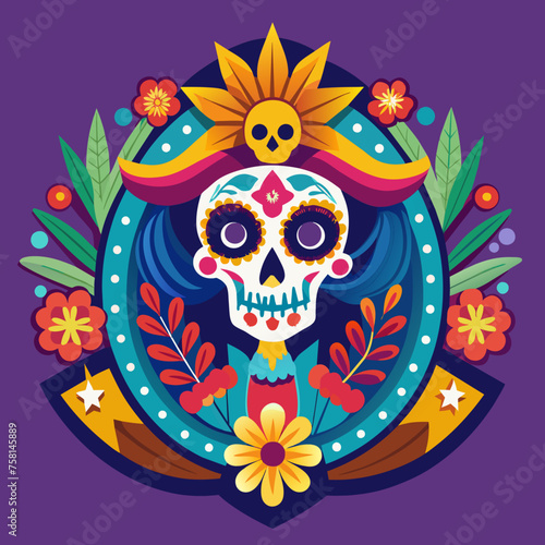 Vibrant spirit of Dia de los Muertos Design a colorful badge that pays homage to the rich traditions and joyful