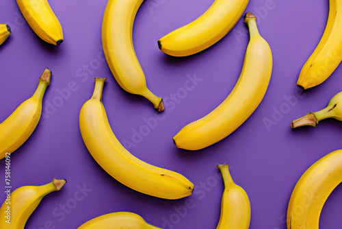 Fresh ripe bananas arranged in a row on purple background with tops facing the viewer