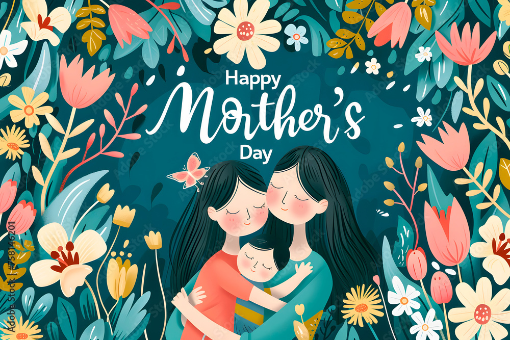 Mother's day wallpaper with a woman hugging her daughter and son surrounded by flowers and the text 