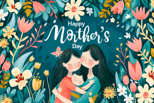 Mother's day wallpaper with a woman hugging her daughter and son surrounded by flowers and the text "Happy Mother's Day". Generative AI
