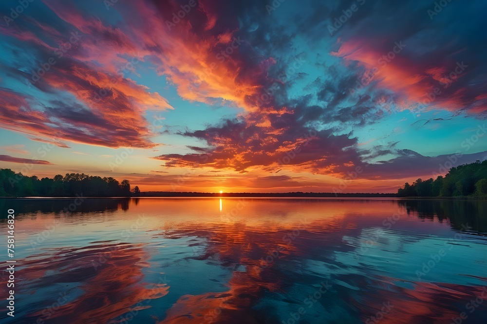 The image captures a breathtaking sunset over a calm lake, with vibrant colors reflecting off the water, creating a serene and mesmerizing atmosphere

